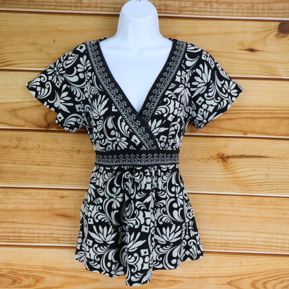 Apt. 9 Blouse Womens Size M Black‎ Floral Stretch Waist Tie V-Neck Short Sleeves